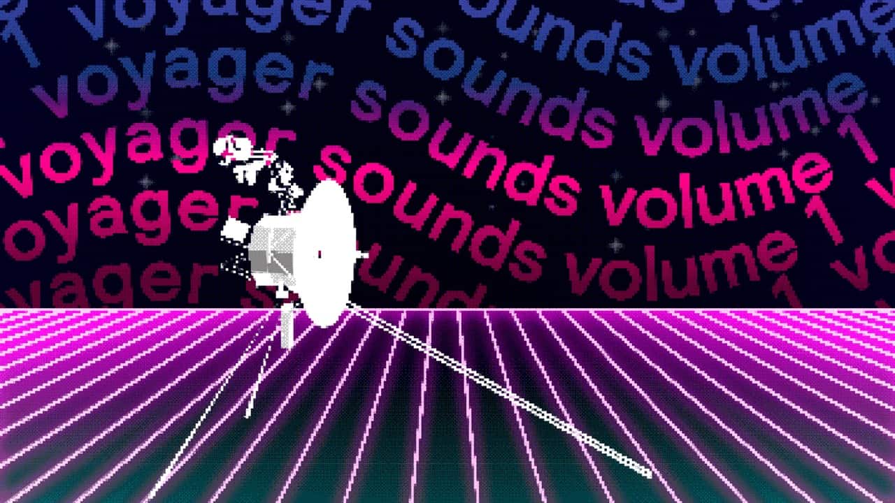 An 80s-style image of a pixelated satellite on a perspective grid in neon pink colors